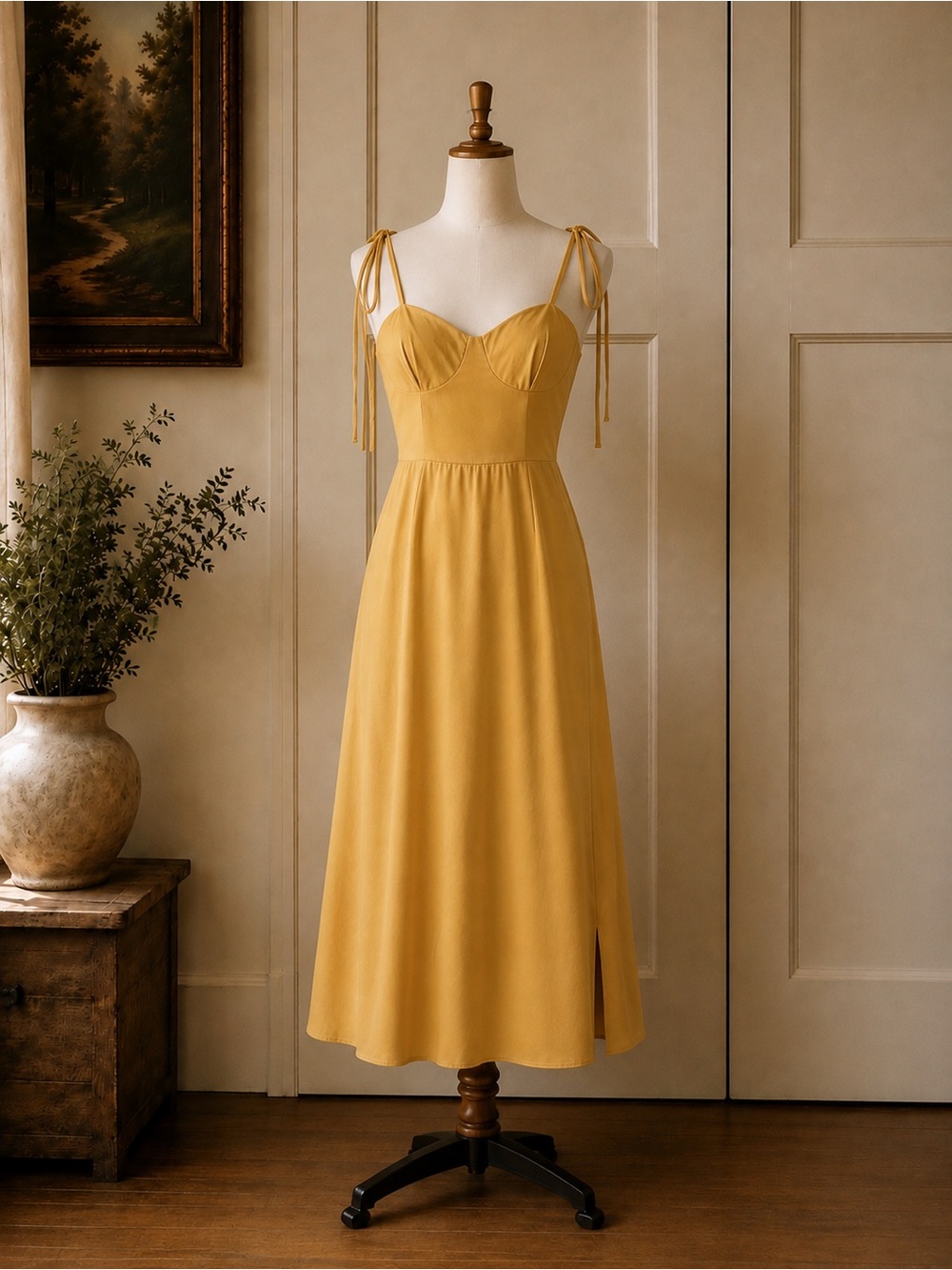 Mustard Yellow Corset Bust Tie Strap Midi Dress